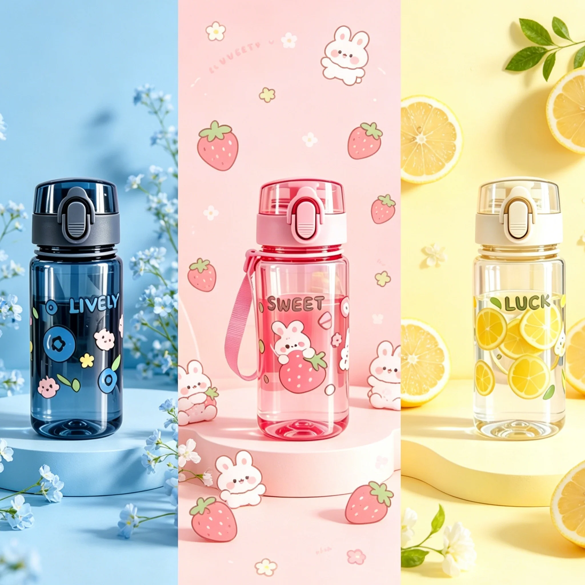 Transparent Minimalist Water Bottle with Cute Rabbit & Lemon Cartoon Pattern, Lightweight and Leak-Proof, Fitted with Portable
