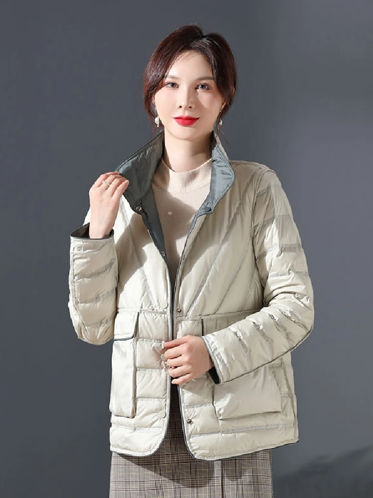 Chaqueta de plumón de pato para mujer, ultraligera parka Reversible, abrigo corto informal, de lujo, de alta calidad, color blanco, 90%