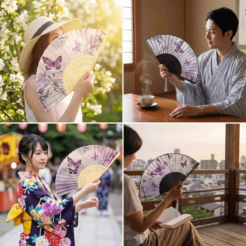 Traditional Chinese Style Silk Folding Fan Handmade Butterfly Pattern Handheld Fan Cooling with Tassel Dance Fan Home Decoration