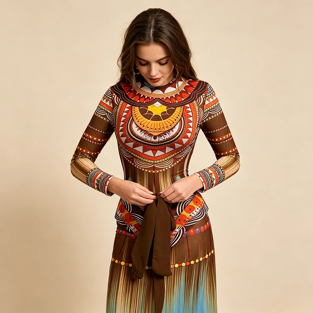 2026 New Bohemian Tribal Print 2-Piece Swimwear Set Women Long Sleeve Mesh Bodysuit + Wrap Sarong Cover Up Ethnic Beachwear