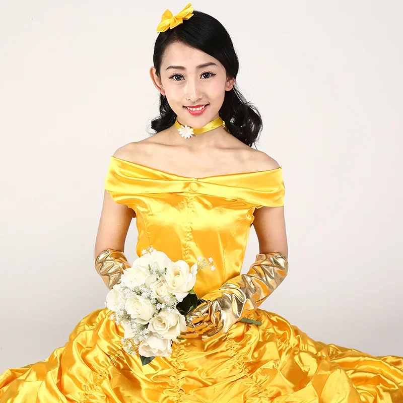 New adults cosplay christmas womens princess ball gown beauty and the beast belle costume for dress yellow gown fancy women