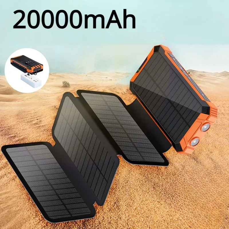 Outdoor Travel Hiking Solar Power Bank Waterproof 20000mAh Solar Charger 2 USB Ports Powerbank with LED Light for Phones