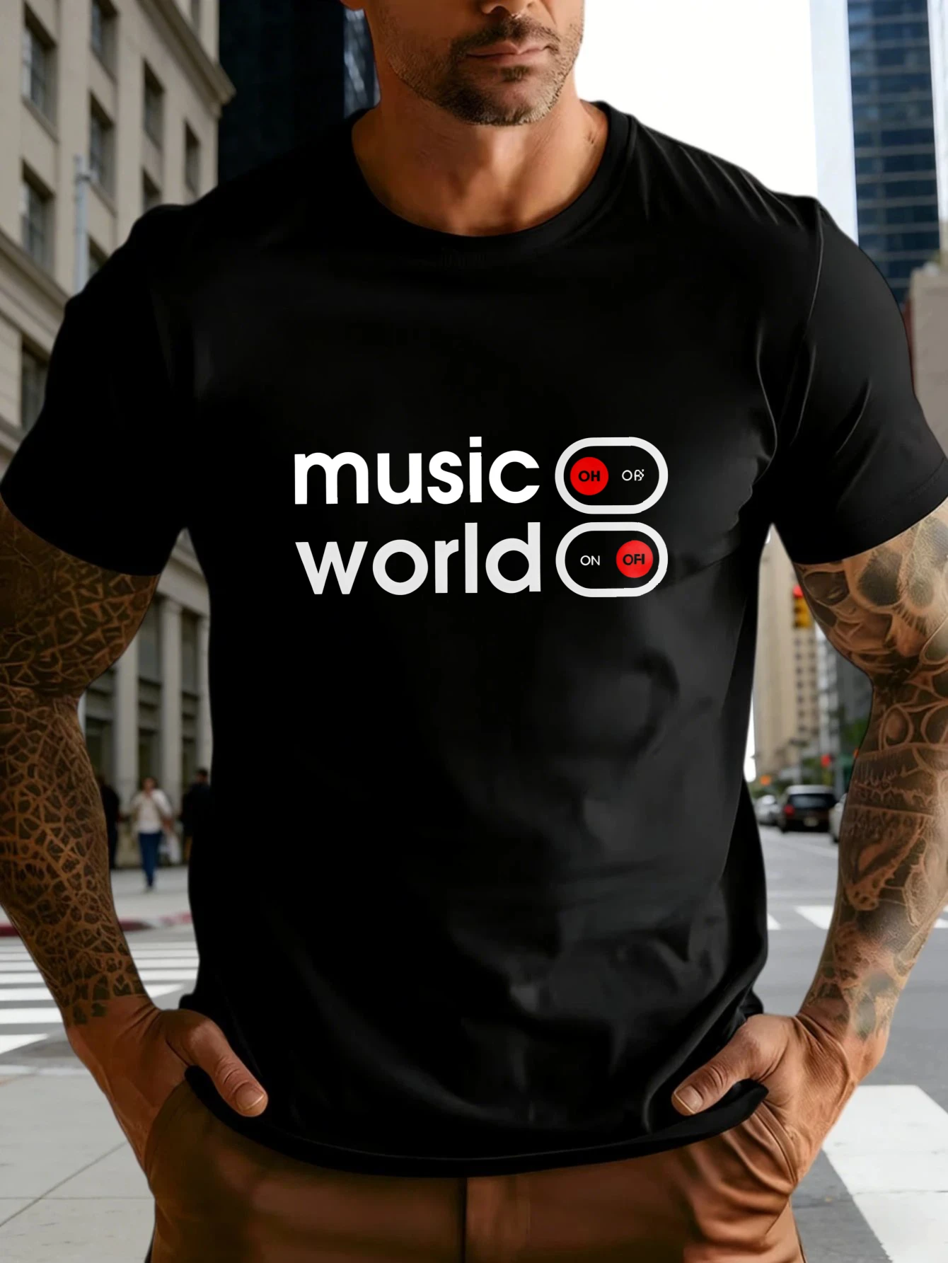 Men Crew Neck Cotton T Shirt Music On World Off Graphic Print Short Sleeve Tops Loose Music Casual Summer Tees For Young Male