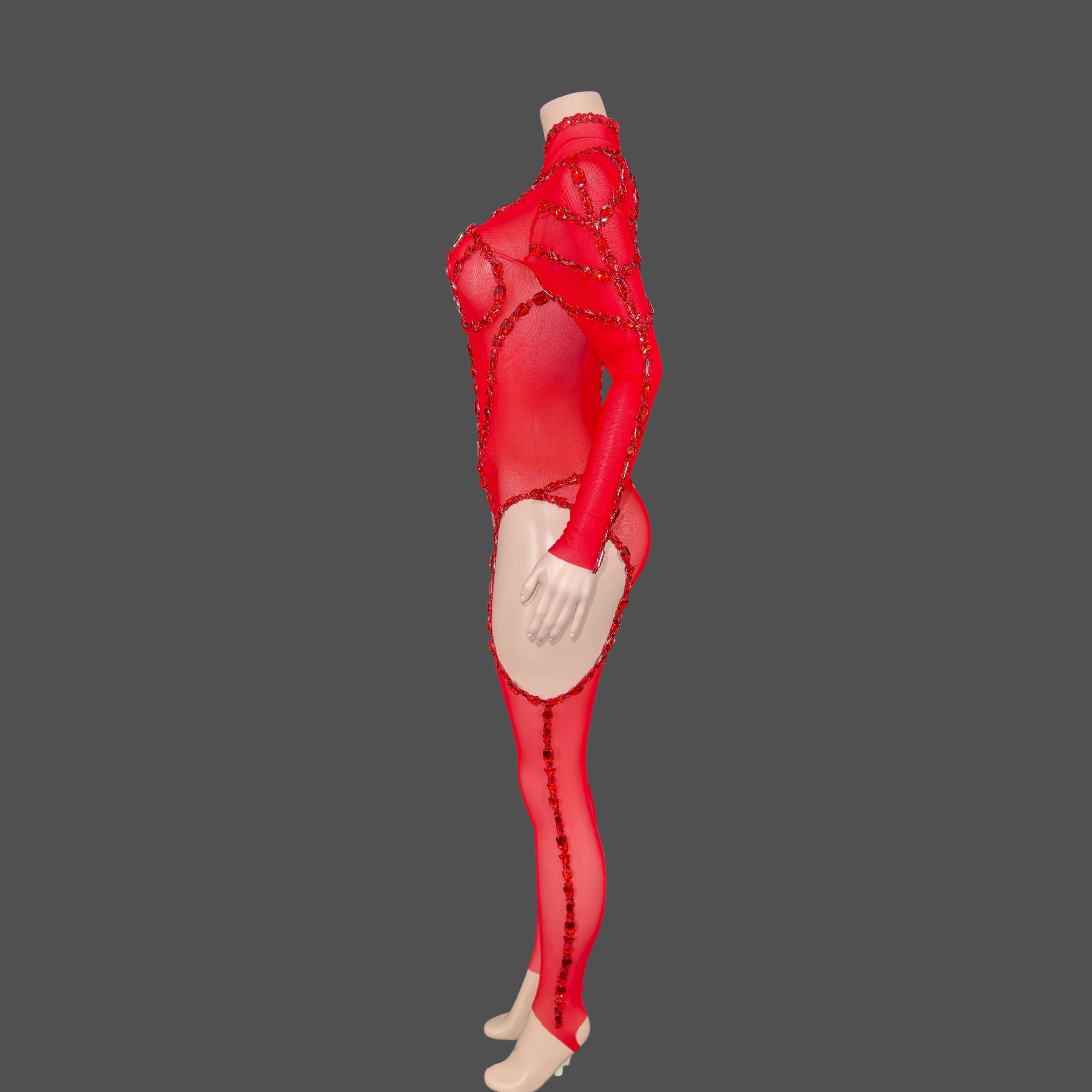 Adult Performer Pole Dance Costume Woman Rhinestones Mesh Transparent Bodycon Jumpsuit Adult Show Performance Outfits