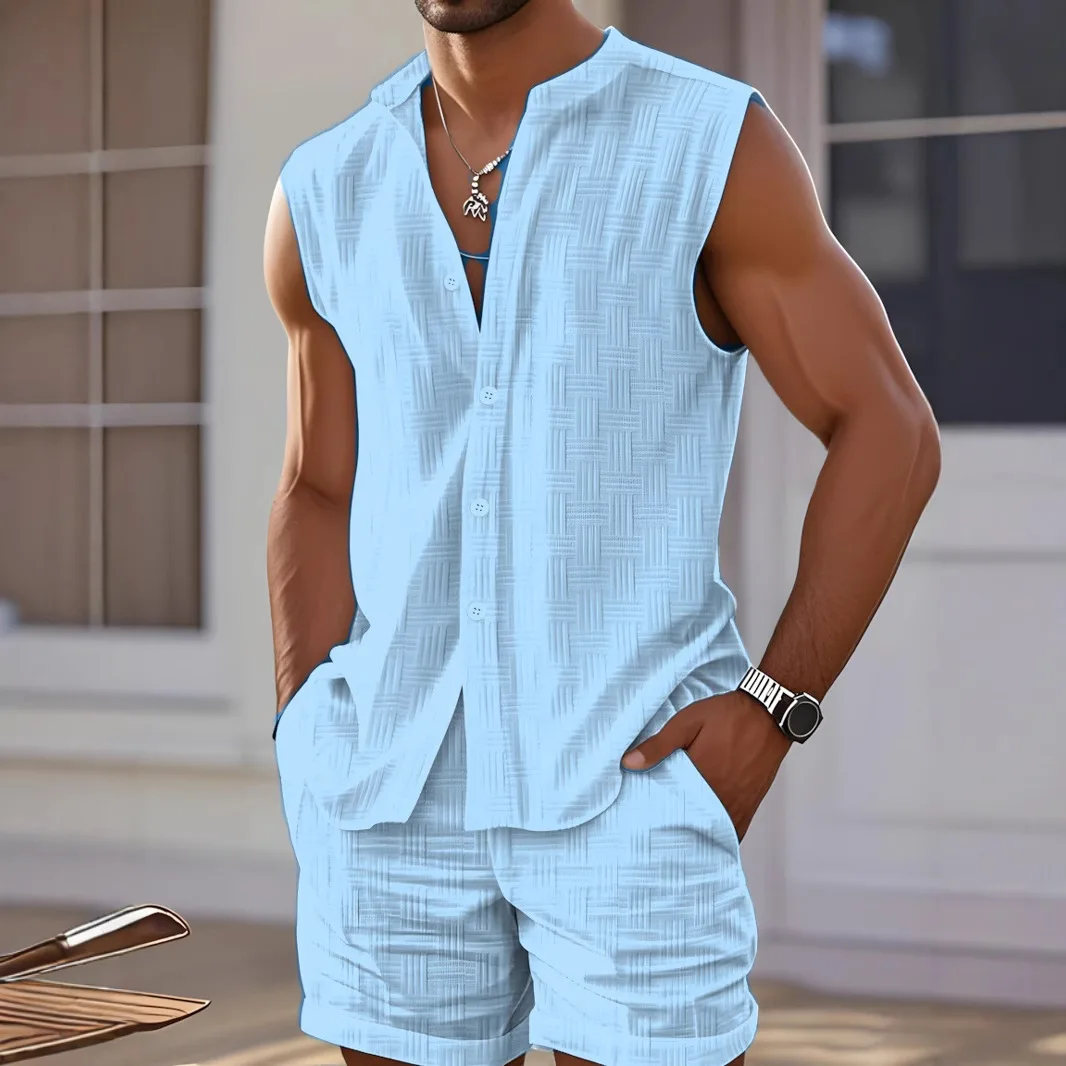 Summer New Fashion American European Style Men's Beach 2 Piece Sets Solid Color Sleeveless Hooded Sweatshirts Shorts Male Sets