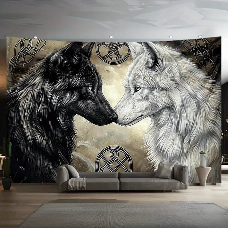 

1 шт. черно-белый гобелен с рисунком протистоянки волка - полиэфирная ткань, можно стирать в машине, подходит для спальни, гостиной