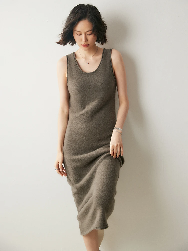 

Autumn Winter Women's 100% Cashmere Vest Dress Simple Style Long Office Lady Cashmere Knitted Sleeveless Sweater Dresses Tops