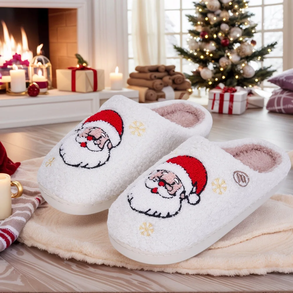 Warme Slip-on-Hausschuhe für Weihnachten, Weihnachtsmann, bequeme, flauschige Hausschuhe mit geschlossener Zehenpartie, rutschfeste, weiche, pelzige Hausschuhe für Männer und Frauen