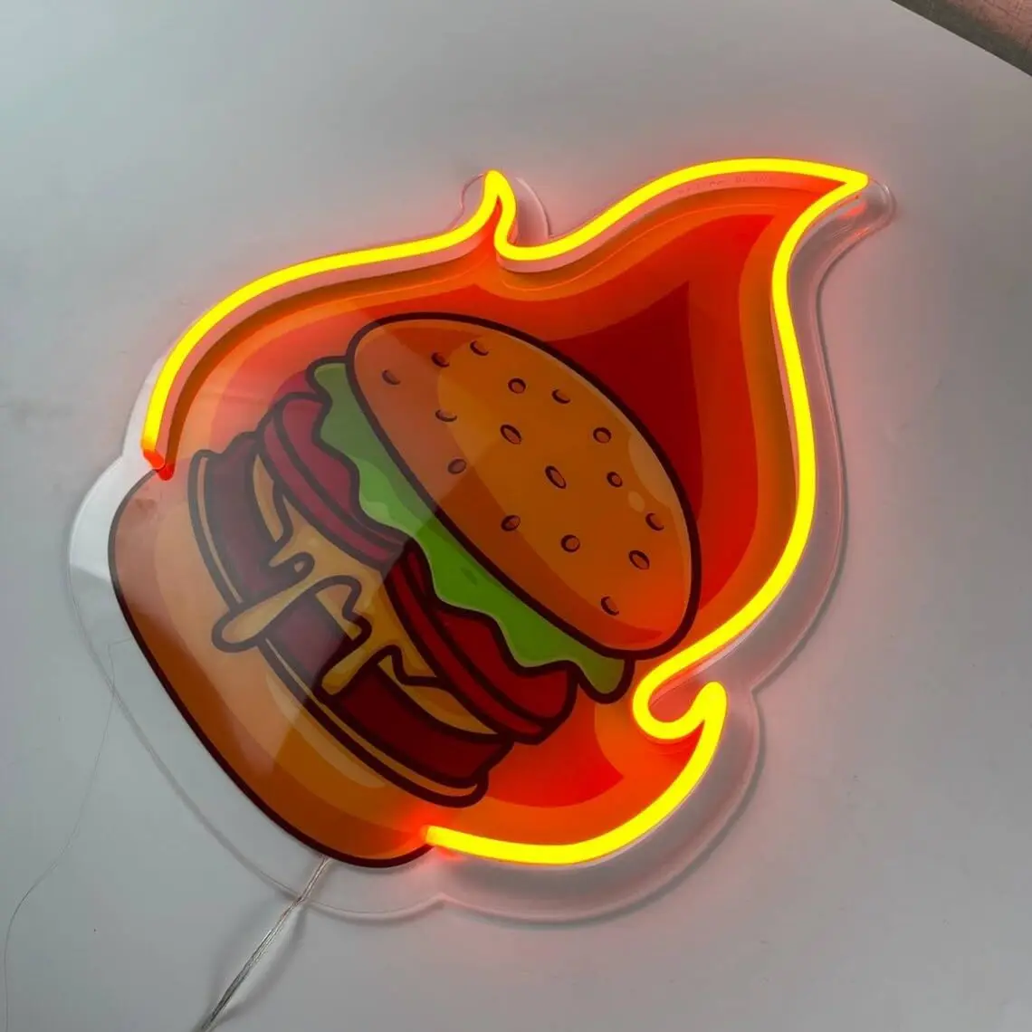 Burger Neon Sign Burger Decal LED Neon Light Fire Burger Fast Food Coffee Shop Restaurant Bar Decoration Size: 36*32 cm