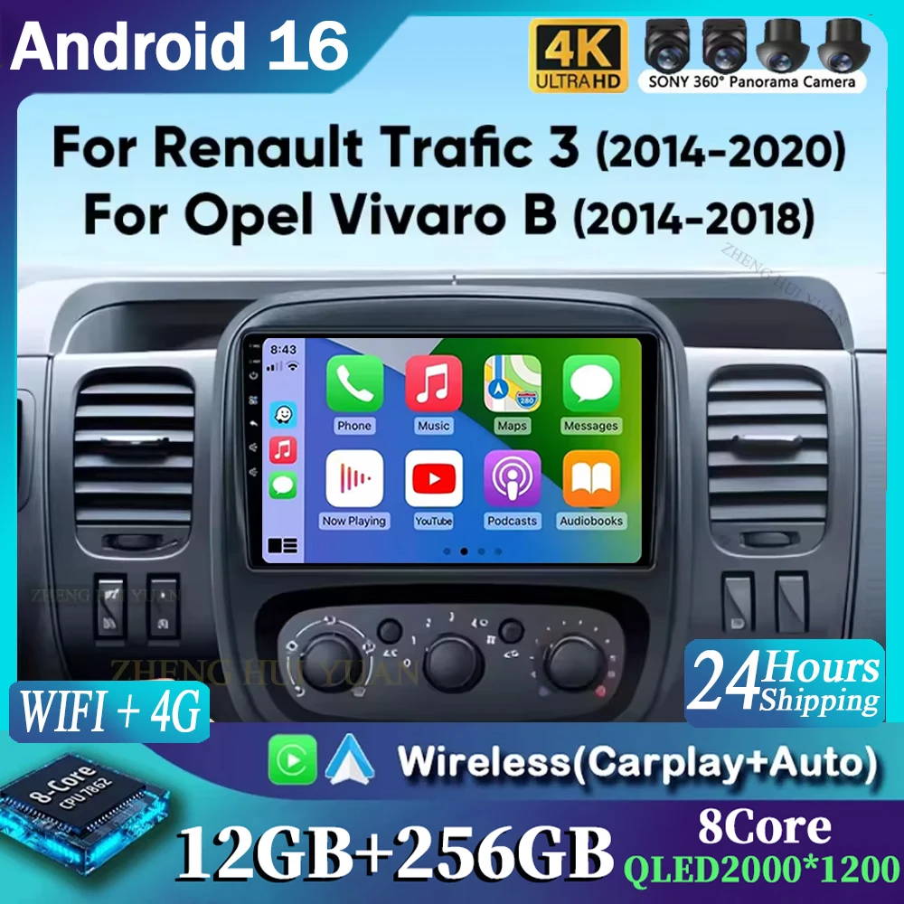 Android 16 Car Radio For Renault Trafic 3 Opel Vivaro 2014 2015 2016 2017 2018 Wireless Carplay Android Auto Car Multimedia 2 DI
