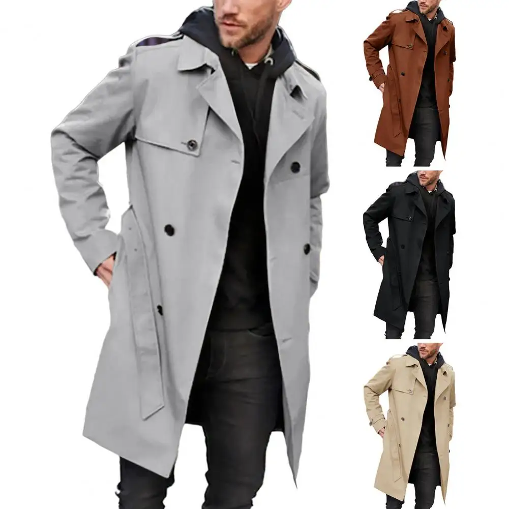 

Men Autumn Winter Solid Color Windbreaker Jackets Lapel Long Sleeve Double-breasted Pockets Belt Slim Long Trench Coat Outerwear