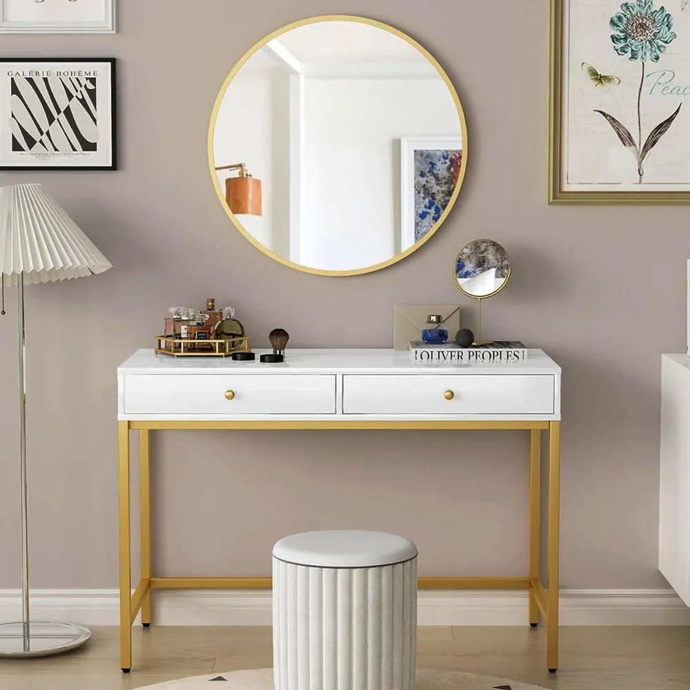 

White vanity with 2 drawers, white/gold home desk, glossy desktop makeup vanity, modern writing computer stand