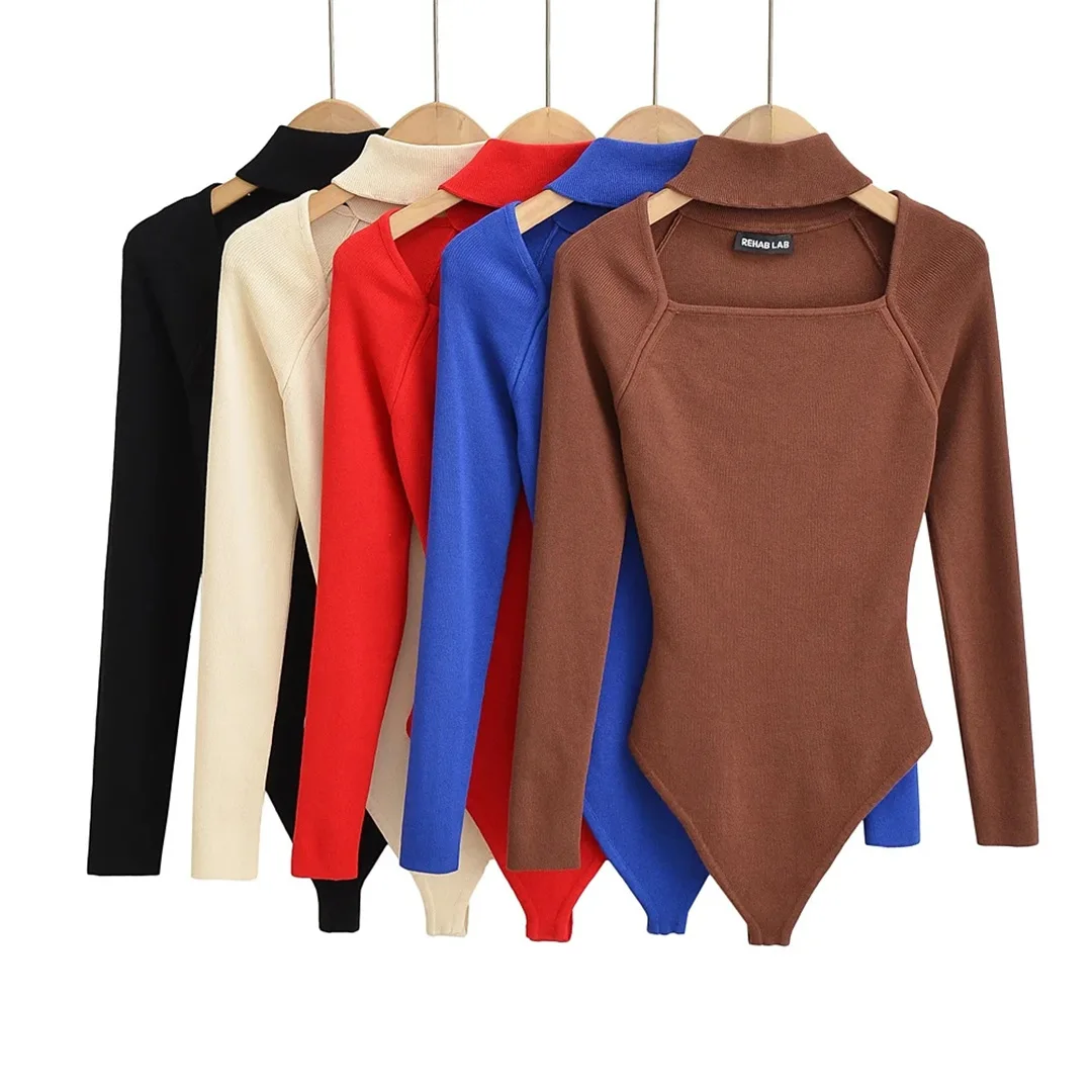 จั๊มสูทบอดี้สูทแขนยาวคอ halter ถักสำหรับผู้หญิง