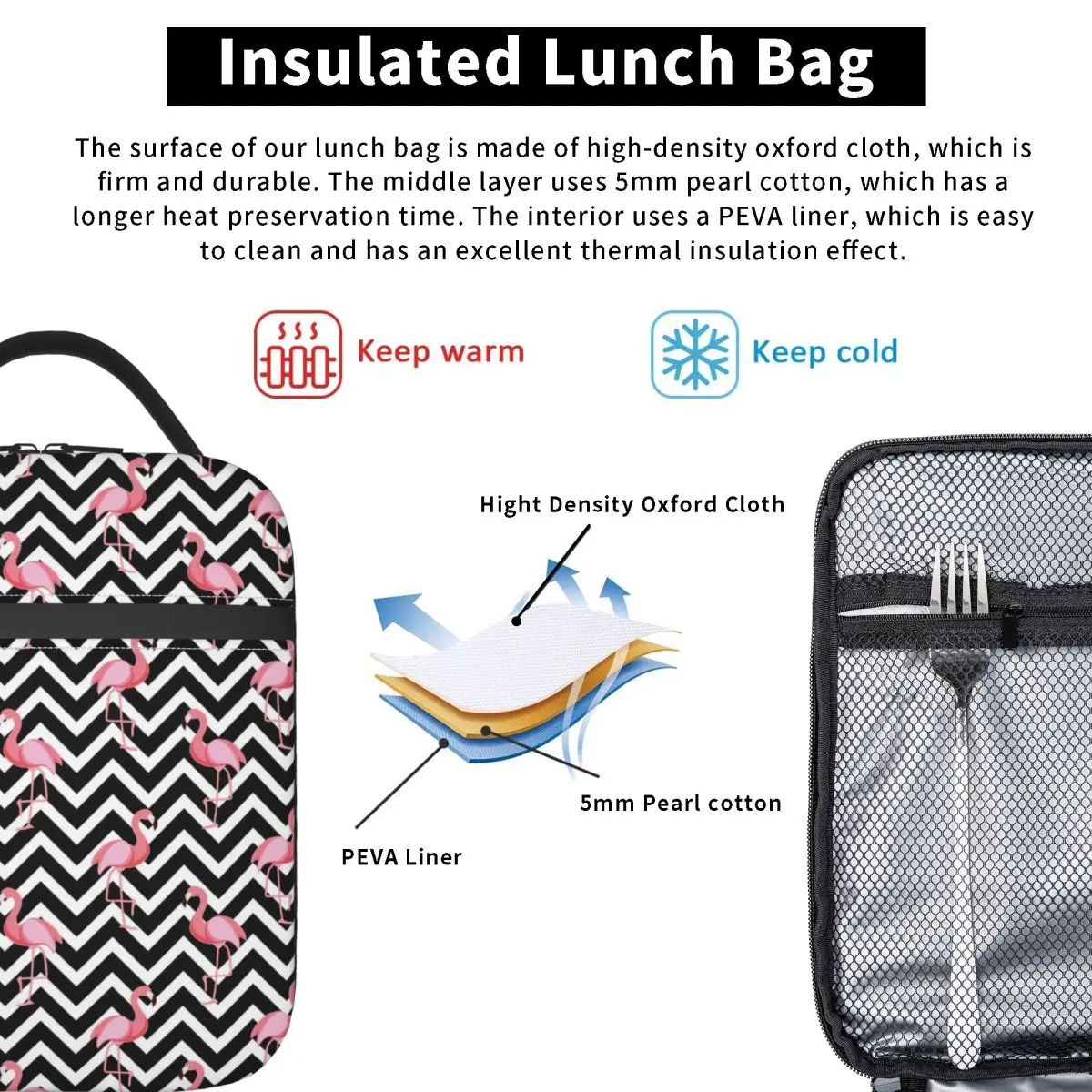 Black Striped And Cartoon Flamingo Pattern Insulated Lunch Bag for Women Kids Portable Food Boxes Thermal Lunch Box Tote