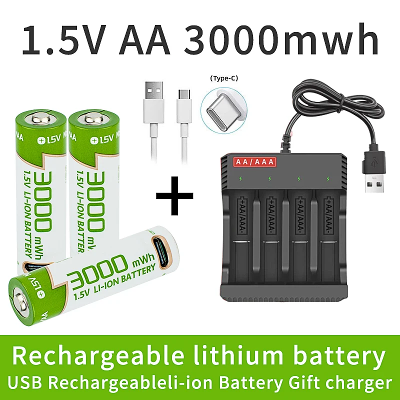 New 1.5V AA Rechargeable battery lithium 3000mWh battery environment protection High quality batteries USBTYPE-C direct charging