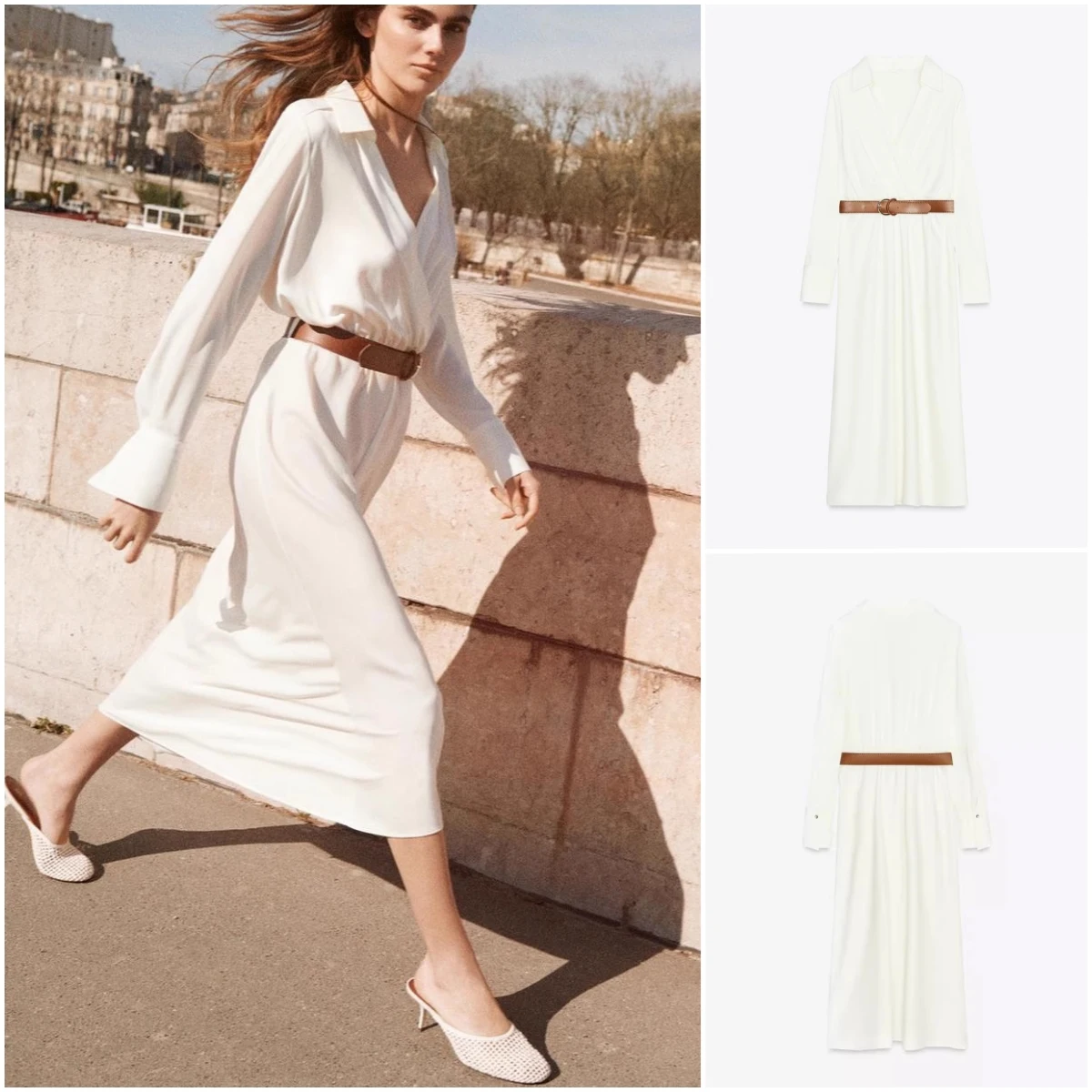 กระโปรงทรงเอเอวสูงผ้าซาตินไหมพรมเนื้อละเอียด แขนยาว คอวี สไตล์ลำลองสำหรับผู้หญิง พร้อมเข็มขัด ผ้าโพลีเอสเตอร์ เหมาะสำหรับใส่ในฤดูร้อน