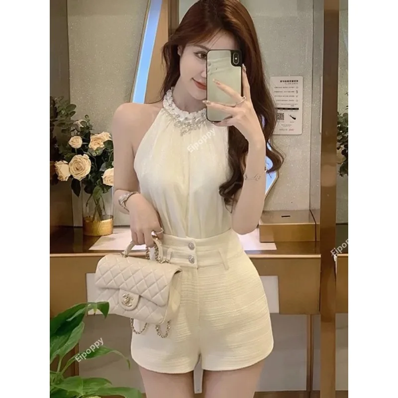 

2024 Chiffon Jacquard Diamond Halter Top Small Fragrance Shorts Two-Piece Suit for Women + High Waist Tweed Shorts Fashion Set