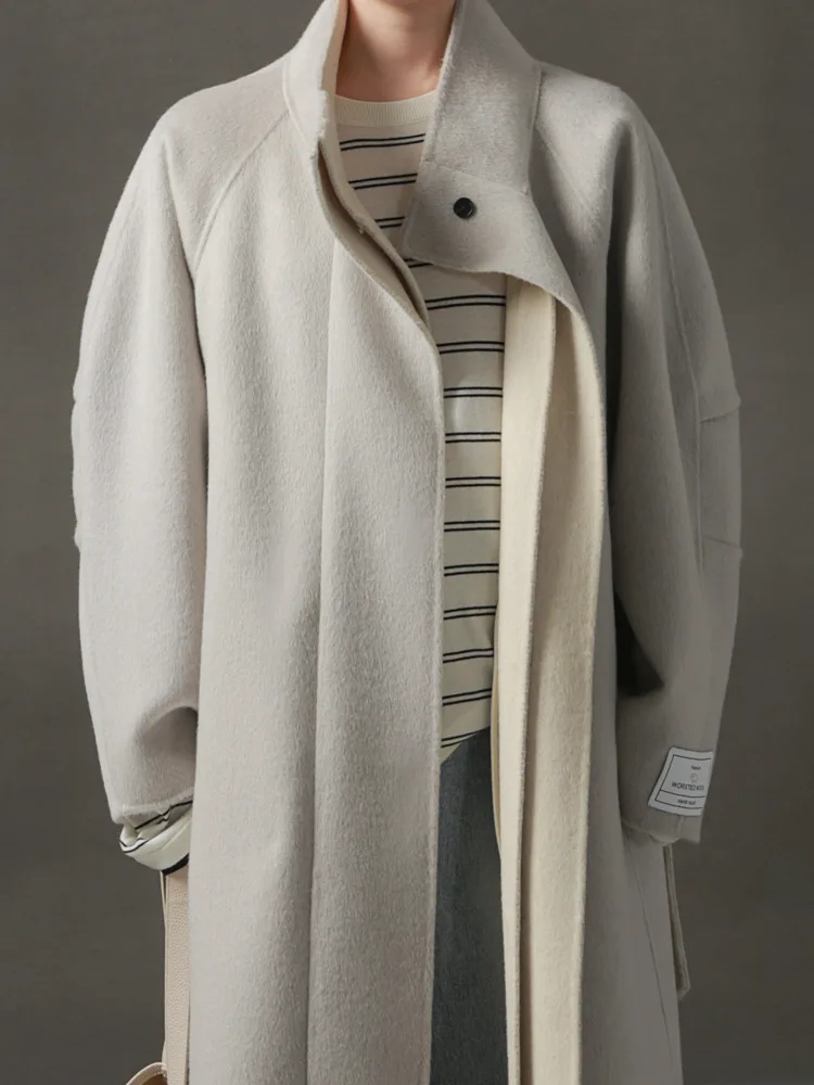 ZMEENNA femmes élégant gris laine mélange Long manteau élégant revers Design décontracté coupe ample hiver pardessus mode moderne ZM3471