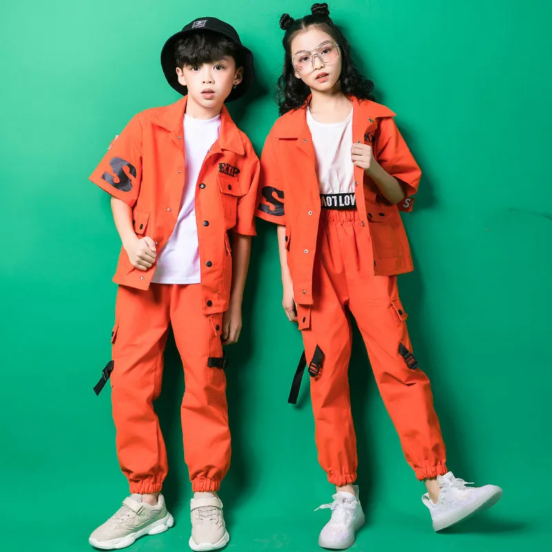 Kids Jazz taniec Hip Hop kostiumy Orange Jacket Top luźne spodnie dla dziewczynek chłopcy Hiphop Street taniec towarzyski ubrania