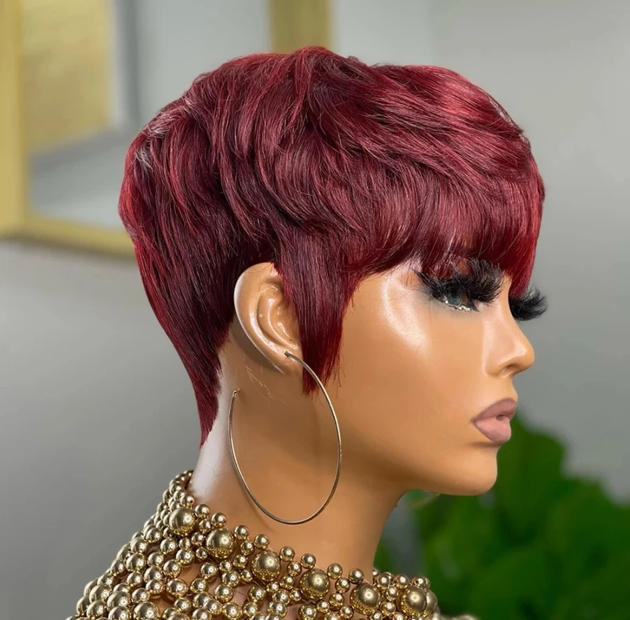 생강 색상 짧은 페루 머리 가발 앞머리 오렌지 색상 전체 기계 만든 짧은 픽시 컷 밥 가발 100% 인간의 머리 가발