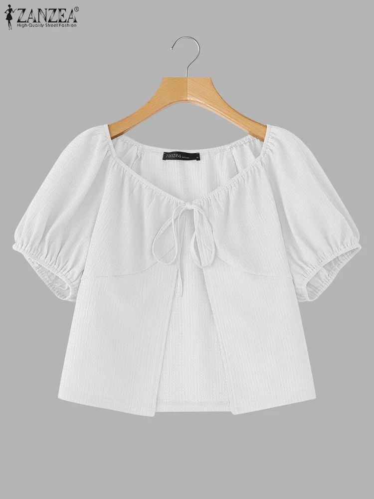 ZANZEA 2025 – chemises d'été solides pour femmes, Cardigans amples à lacets, manches courtes, Blusas à la mode, col rond, tunique surdimensionnée, S-3XL