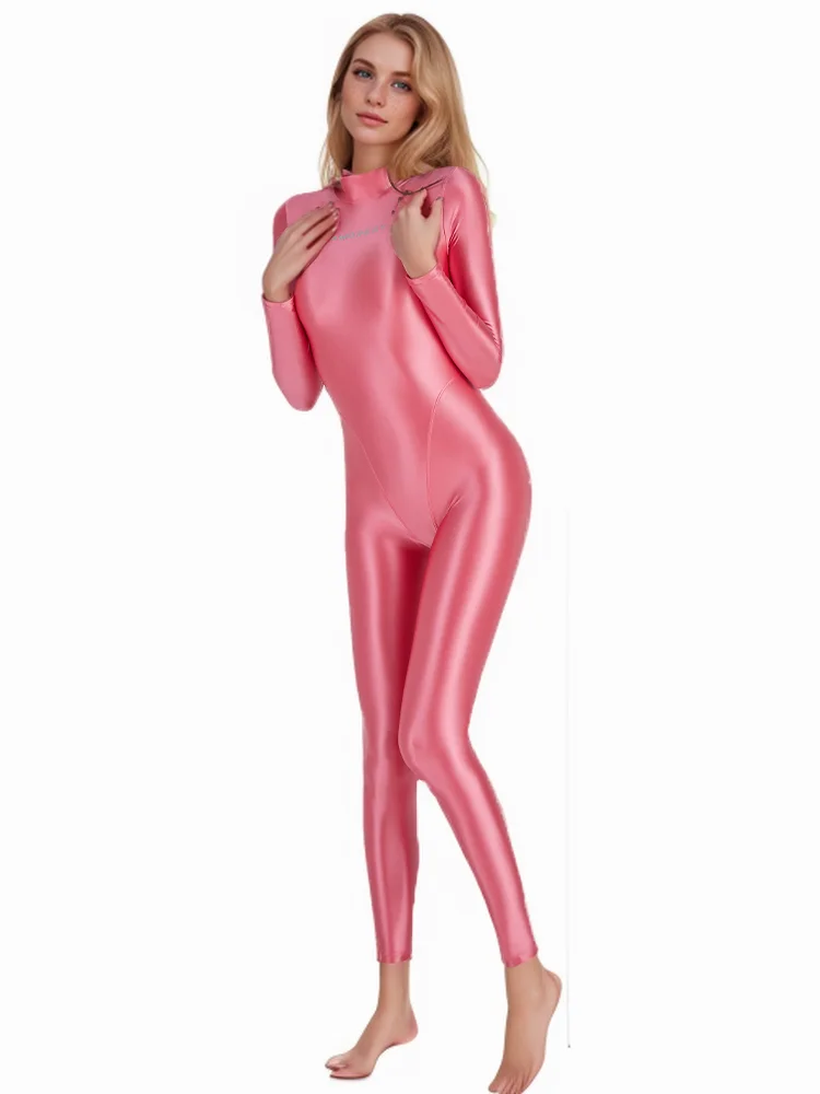 AMORESY Sexy Shiny Long Sleeve One Piece Jumpsuits Oil Smooth High Neck Tights Zipper Running Yoga Bodysuits Sportswear Overalls