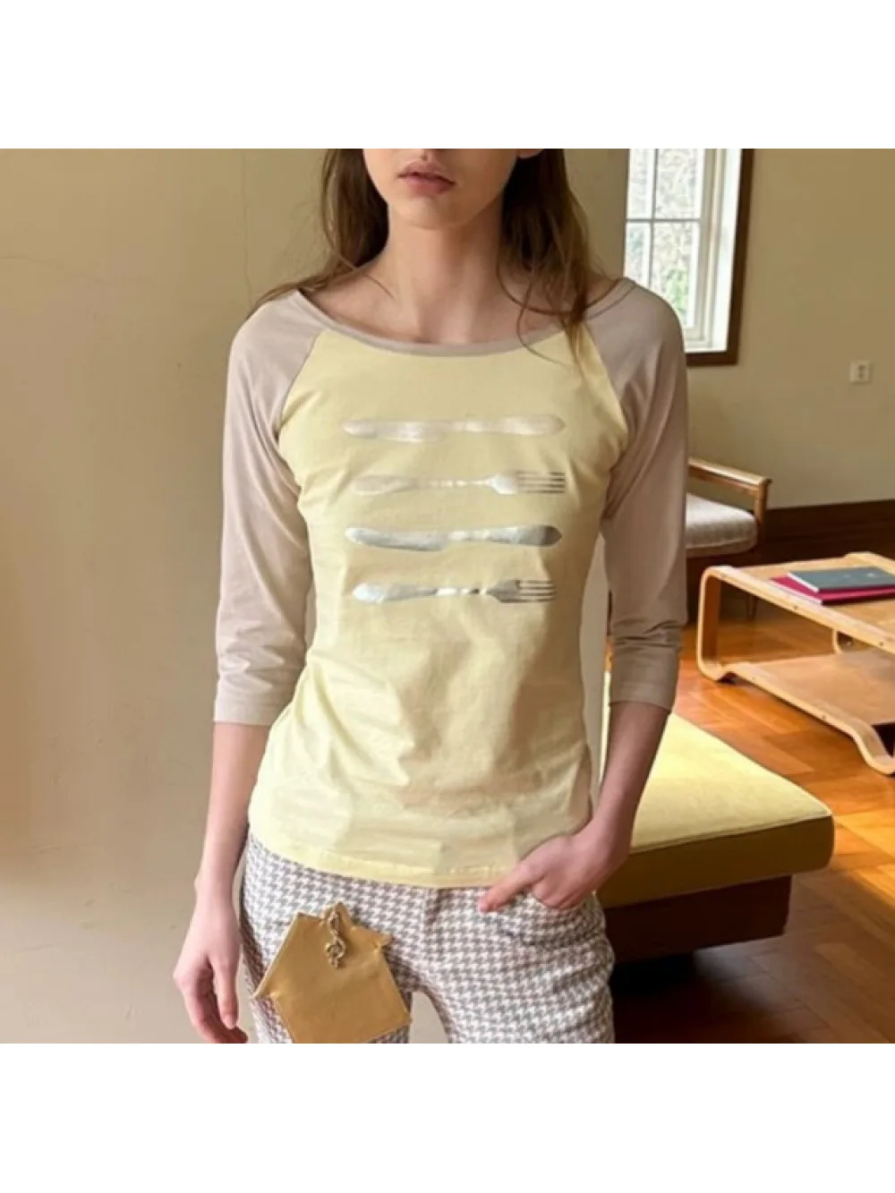 Women Three Quarter Sleeve Raglan Boat Neck T-Shirt Cutlery Print Slim Fit Cropped Tee Casual Daily Graphic Top