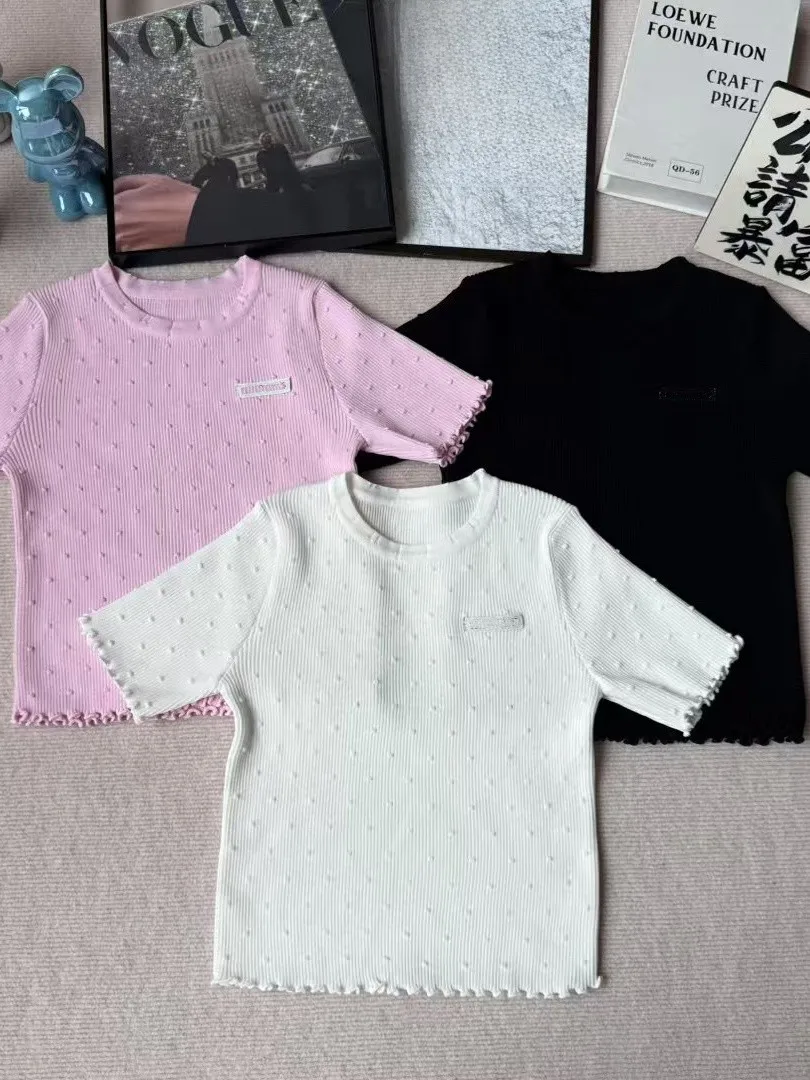 

VIBE Trendy Brand Heavy-Weight Particle Knitwear Short Sleeve Women's Versatile High-End Ruffle Collar Top Princess Style