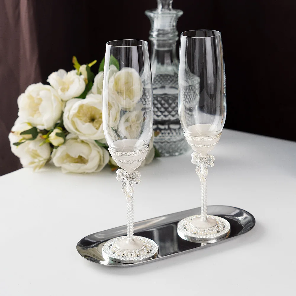 2PCS French Romantic Crystal Champagne Flutes Wedding Enamel Pearl Bubble Cocktail Glass Bar Restaurant Party Gift Box