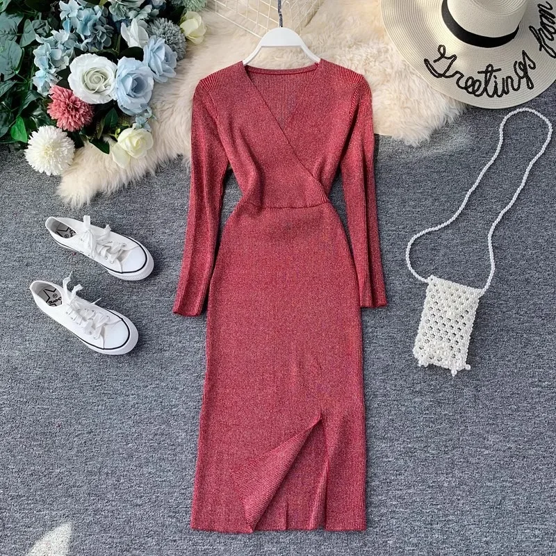 YuooMuoo 2024 Autumn Winter Women Knitted Dress Luxury V-neck Slim Waist Shining Bodycon Dress Office Lady Sweater Vestidos