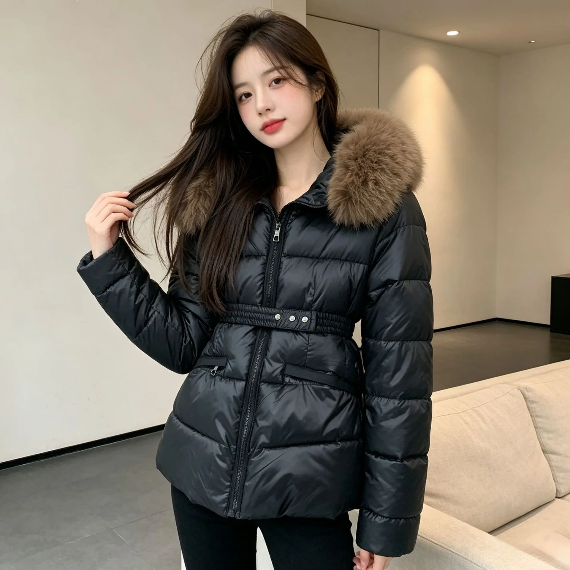 Women's New Hooded Large Faux Fur Collar Belted Cotton Coat Zip Up Loose Warm Windproof Elegant Casual Daily Wear Padded Jacket