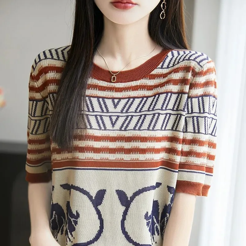 Women's Retro Geometric Knit Top Crew Neck Short Sleeve Ethnic Pattern Sweater Casual Loose Pullover
