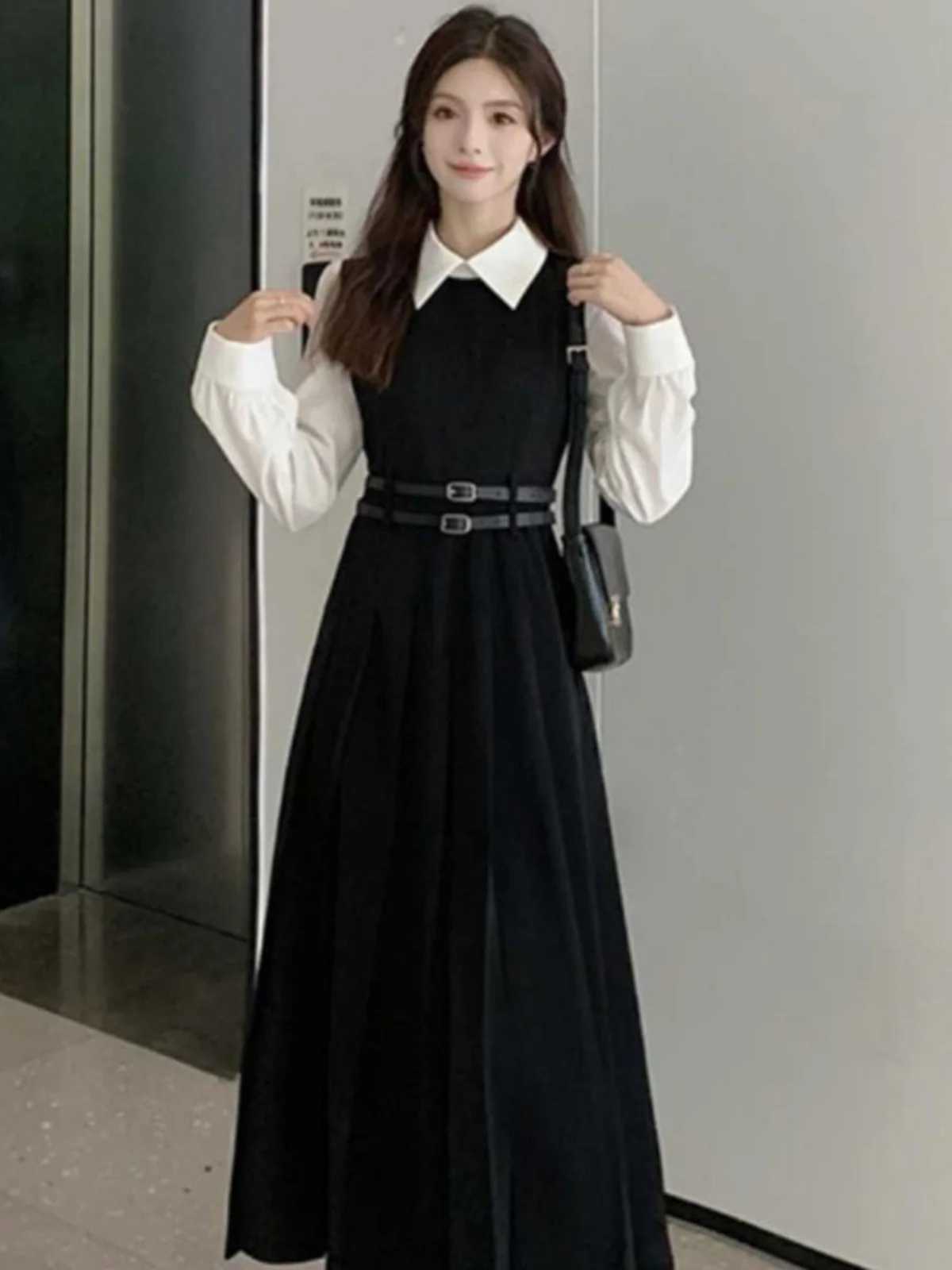 

Платье А-силуэта для похудения с поясом, завышенной талией, в студенческом стиле, из полиэстера, с длинным рукавом, воротником, повседневное, осеннее, новинка