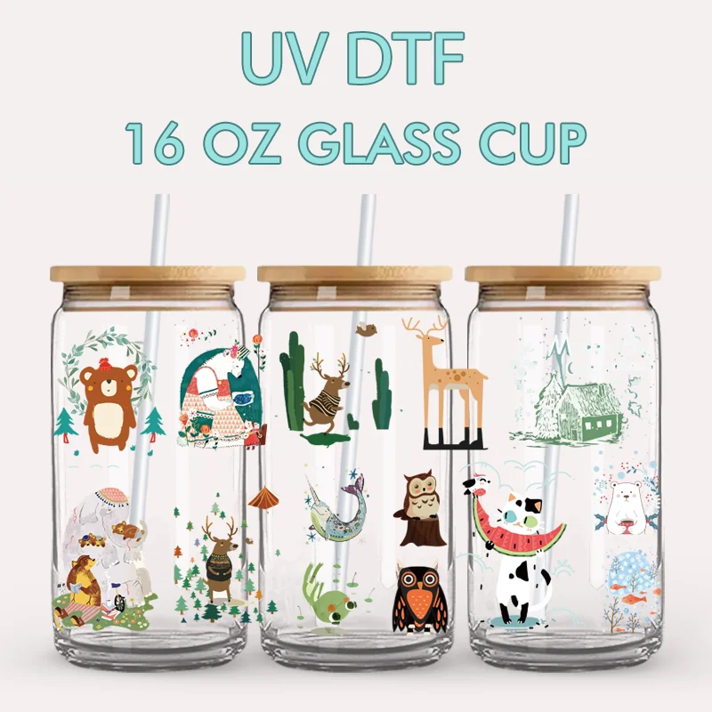 4 Sheets Cartoon Forest Animal UV DTF Cup Wraps For Glass Cups DIY Waterproof Rub On Transfer Stickers