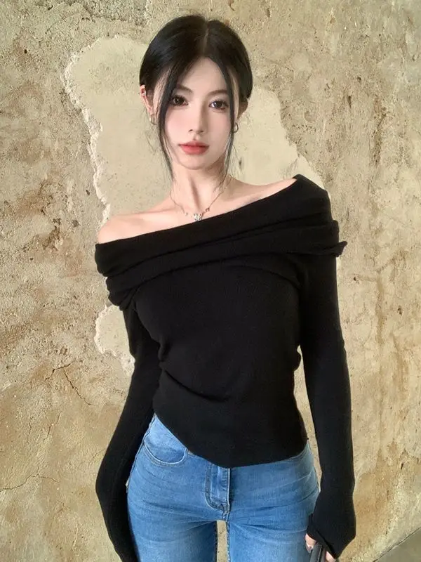 

2024 Spring Women Lazy Style Off Shoulder Sweater Knit Pullovers Slash Neck Slim Fit Thin Long Sleeve Bottoming Basic Top A44