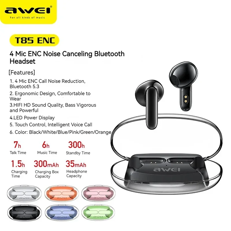 Awei  ENC Noise Reduction Bluetooth Earphones 4 Mic Call Noise Reduction Headphones Bluetooth 5.3 Music Wireless TWS Headset