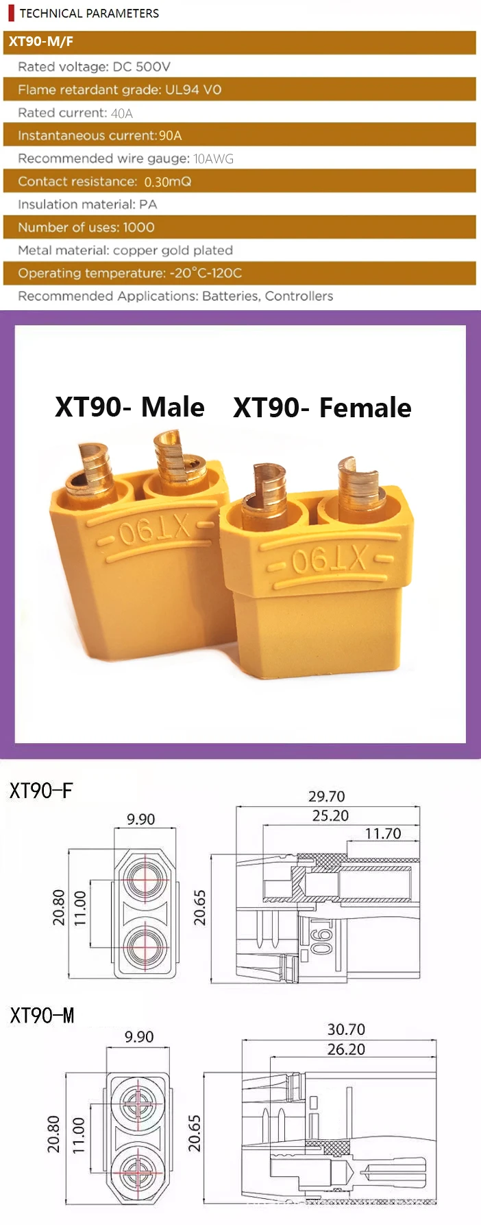 XT60 X90 auf M8 O-Ring-Ösen-Batterieanschluss-Stecker-Kabel 10/12AWG Ladeanschluss für RC Lipo-Akku FPV Racing – Detail 5