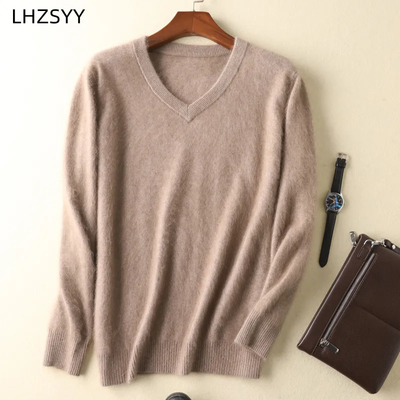 LHZSYY Men's 100% Mink Cashmere Large Size Sweaters Autumn Winter Solid V-neck Casual Knit Pullovers Men Long Sleeve Warm Jumper