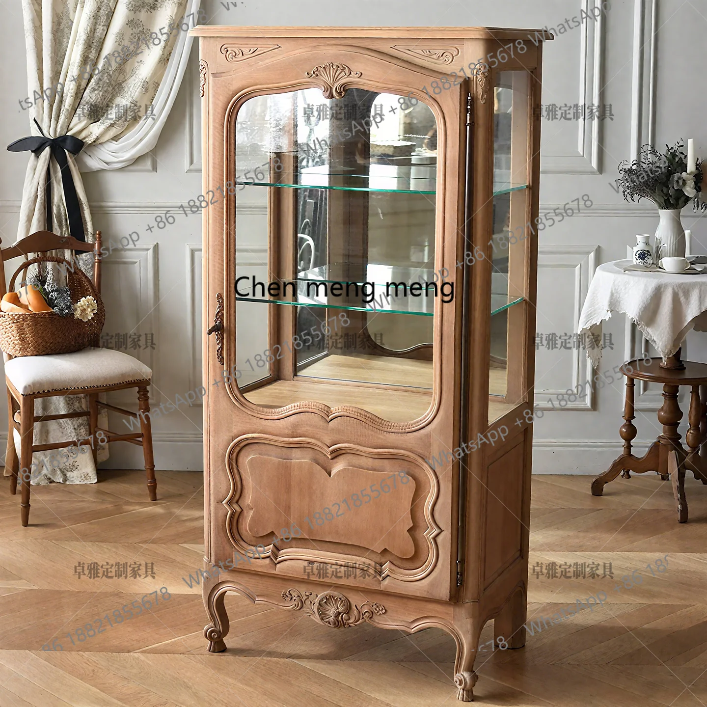 French retro solid wood carving flower home glass display side cabinet bookcase wine cabinet