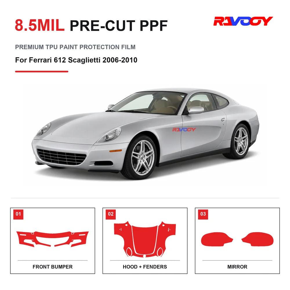 Film de protection de peinture transparent en TPU 8,5 mil, prédécoupé pour Ferrari 612 Scaglietti 2006-2010, auto-réparant, hydrophobe, protection contre les éclats de pierre
