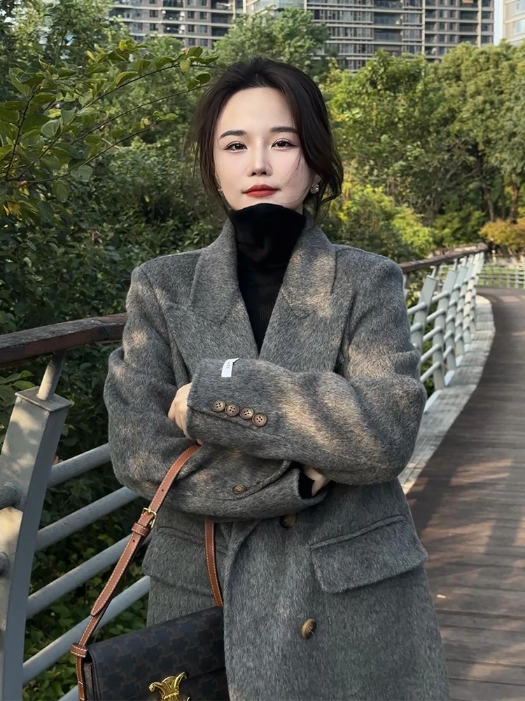 

Элегантный серый шерстяной пиджак в стиле Хепберн, маленький размер, для создания образа богатой девушки, женское осенне-зимнее пальто, верхняя одежда для женщин