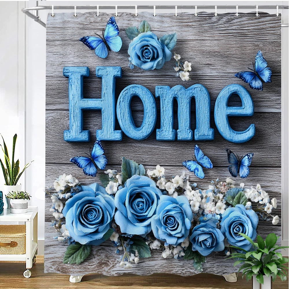 

Blue Flowers and butterfly Shower Curtain Printed Bathroom Curtains Floral Bathtub Curtain Polyester Fabric Home Decor Curtain
