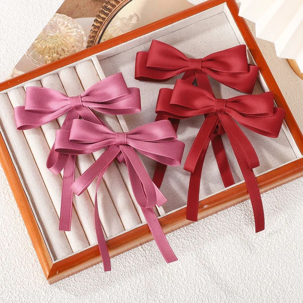 2Pcs 4.3inch High Quolity Womens Double Layer Ribbon Bowknot Hair Clip Headwear Hairgripes Elegant Tassel Ponytail Hairclip Gift