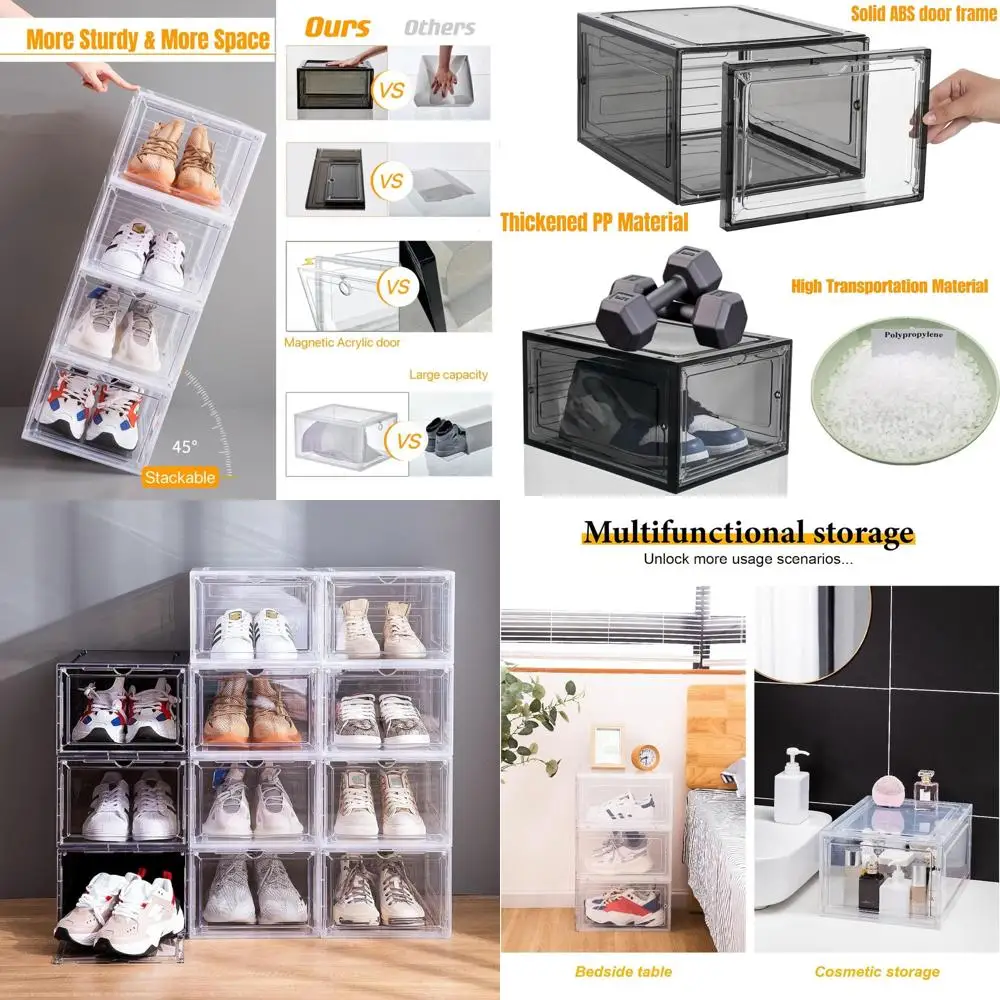 

Stackable Clear Black Shoe Storage Boxes with Magnetic Doors and Drop-Front Display (9-Pack)