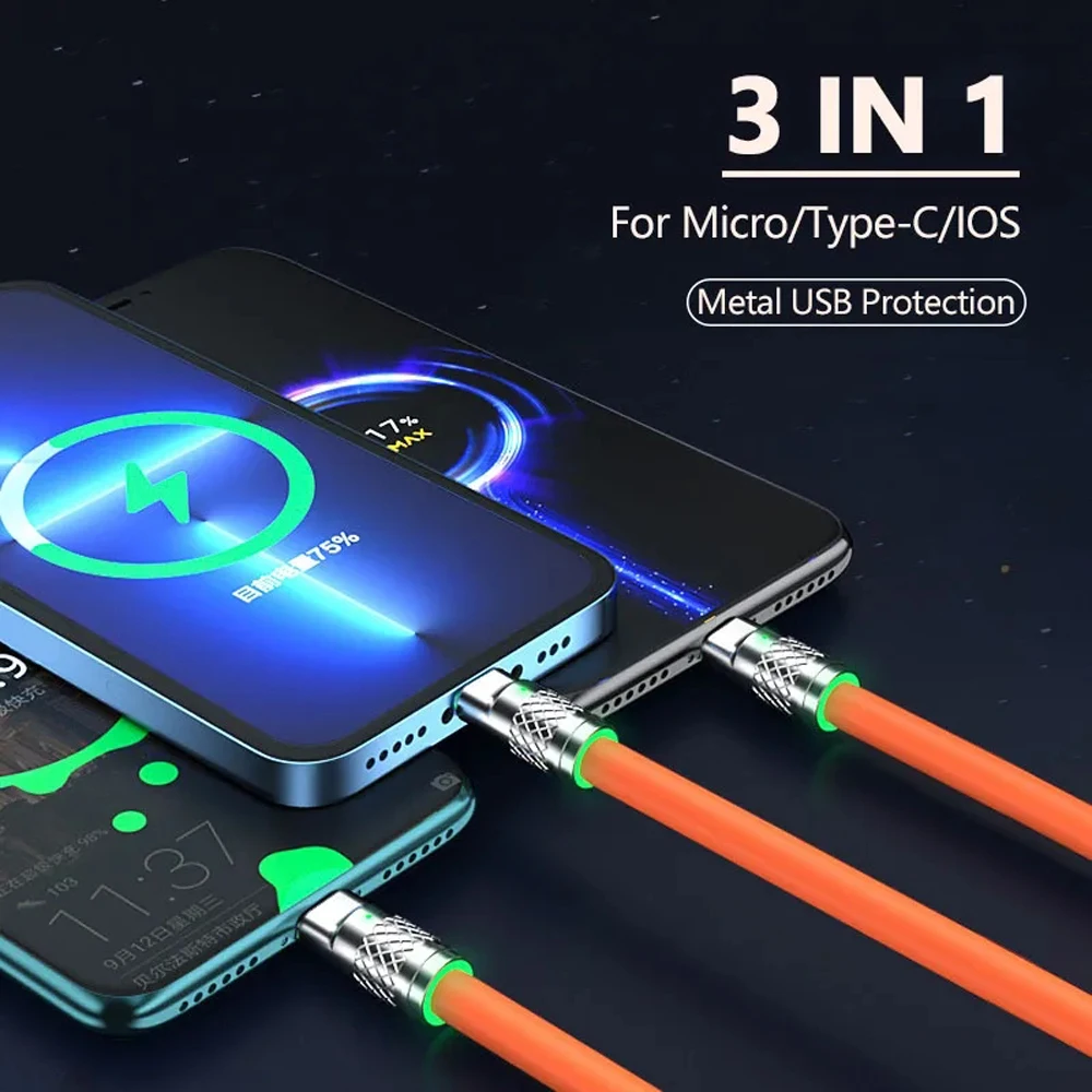 3in1 120W 6A Fast Charging Type C Micro USB Cable for iPhone Samsung Huawei Xiaomi LED Phone Charger Silicone Data Cord Wire