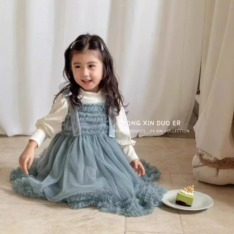 

Girls' Dress2024Autumn New Velvet Bow Shoulder Strap Pettiskirt Fashionable Little Girl Princess Dress