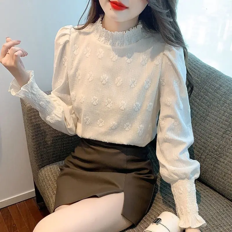 Fashion Lace Pleated Shirt Tops Autumn Winter New Long Sleeve Solid All-match Korean T Shirts Fashion Elegant Women Clothing