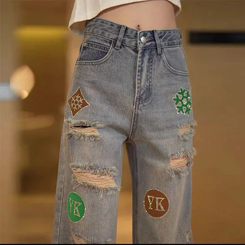 High Waist Ripped Denim Jeans Women's Personali Pattern Embroidery Summer New Loose Straight Vintage Wide Leg Pants