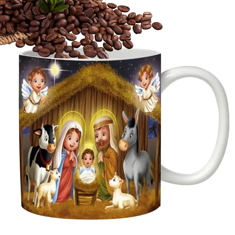 Christian Mug 11oz Inspirational Nativity Scene Ceramic Mug Religious Holy Night Cup Coffee Mug For Tea Warm Beverages Protein