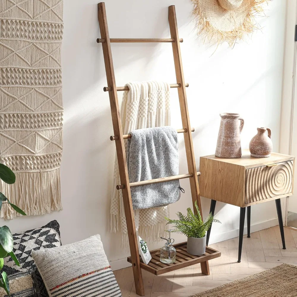 

5ft Wood Blanket Ladder with Bottom Shelf for Living Room Decorative Wall Leaning Farmhouse for Bathroom, Light Brown